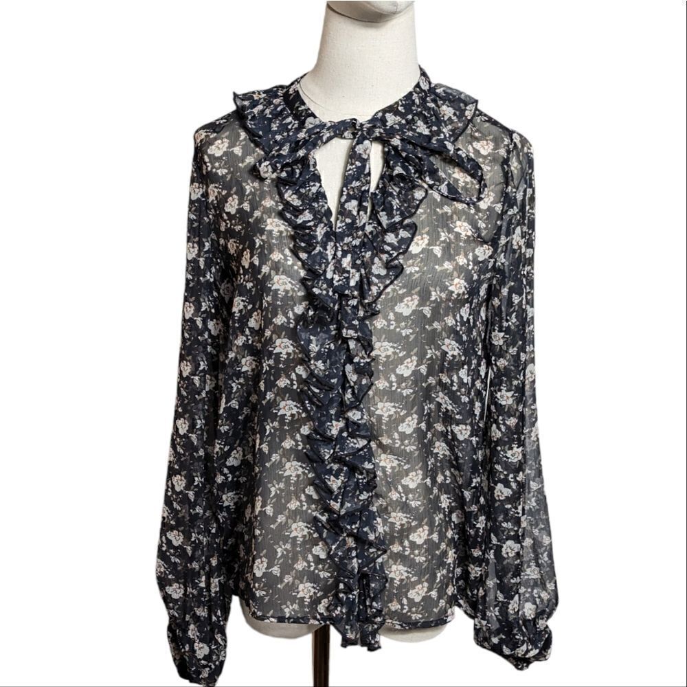 Zara Sheer Black Floral Bow Top